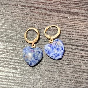 Blue Sodalite Crystal Stone Heart Earrings Gold